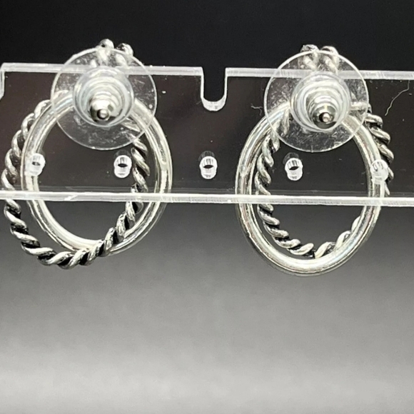 Silver Plated Double Door Knocker Oval Hoops Pierced Earrings - Picture 3 of 5